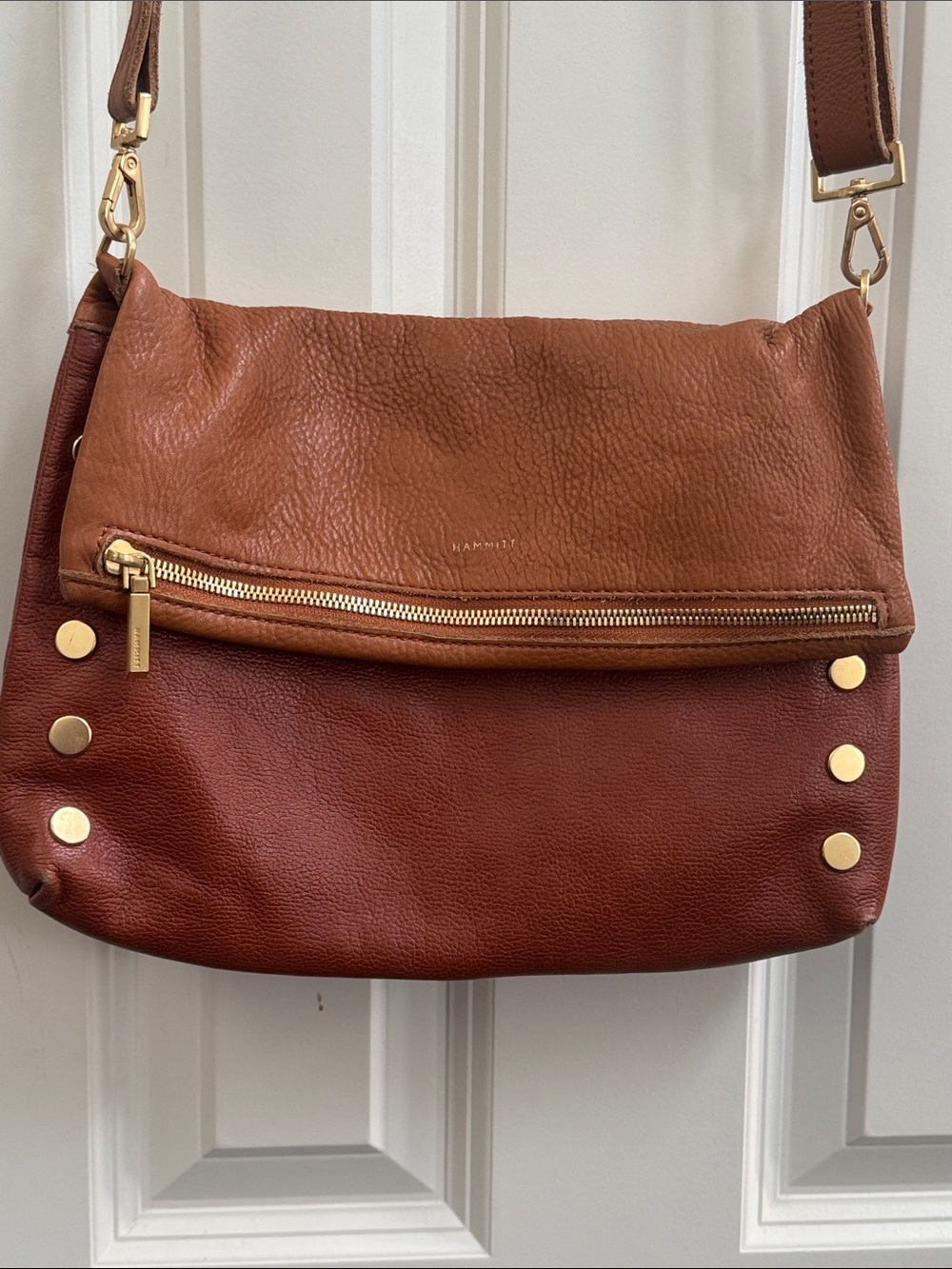 Hammitt VIP Two-Tone Brown/Tan Leather Foldover Crossbody with Gold Hardware